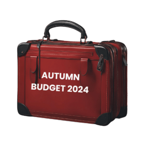 picture of a red briefcase with the words autumn 2024 budget on the front