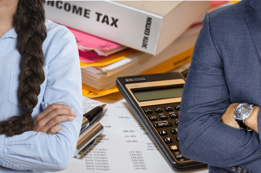 tax and divorce - image of two people with folded arms clearly separated and with income tax books, papers and calculator in the background